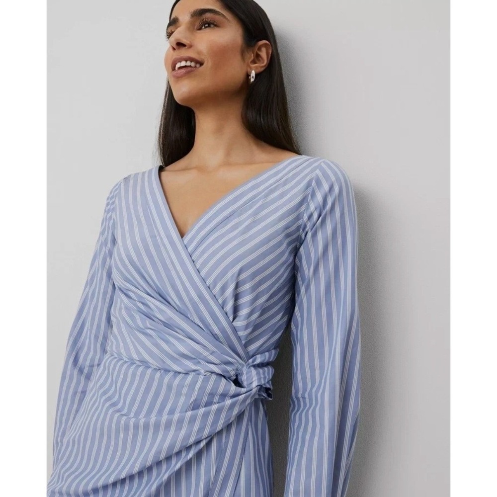Ann Taylor NEW Striped Faux Wrap Dress 12 Petite Blue White Cotton Long Sleeve - Picture 3 of 12